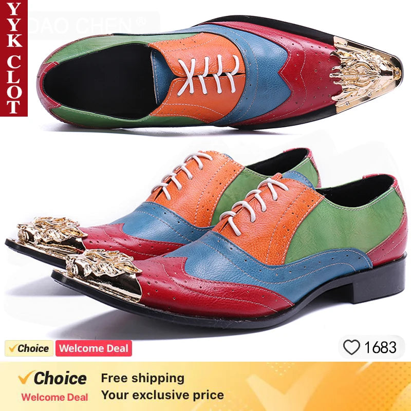 2024 Western Fashion Pointed Metal Toe Dress Shoes Blue Grey Party Wedding Leather Shoes for Men