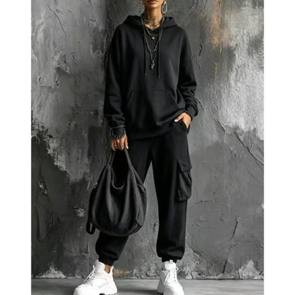 Autumn Winter New Casual Solid Color Hooded Sweatshirt Trousers Set 2026 Fashion Pocket Loose Sports Trousers Female 2 Piece Set