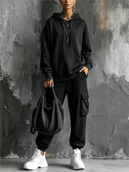 Autumn Winter New Casual Solid Color Hooded Sweatshirt Trousers Set 2026 Fashion Pocket Loose Sports Trousers Female 2 Piece Set