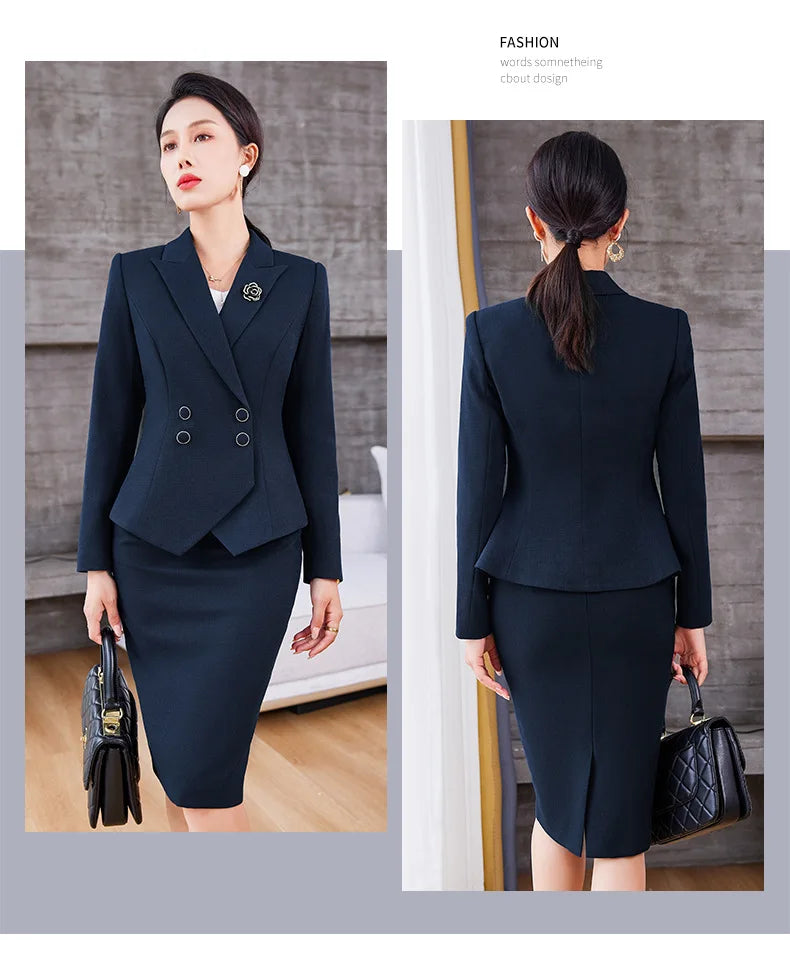 New Arrival Elegant Ladies Formal Skirt Suit Women Orange Blue Pink Long Sleeve Female Blazer Set for Business Work Wear