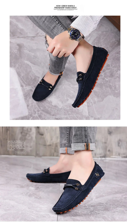 Men Genuine Leather Driving Shoes Metal Buckle Moccasins Slip-On Casual Loafers Men's Comfortable Flats Mocasines
