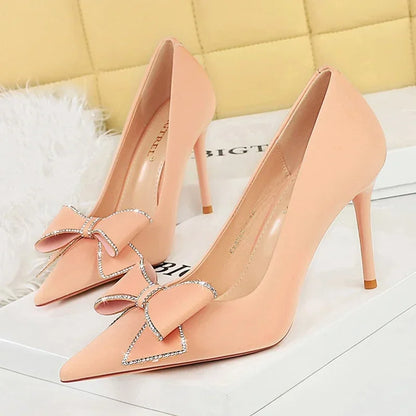 BIGTREE Fashion Korean Version 10cm High Heels Pumps Silk Shallow Pointed Toe Crystal Butterfly BowKnots Lady Red Purple Shoes