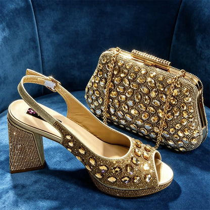 Venus Chan Elegant Gold Striped Peep Toe High Heels and Matching Bag Set – Rhinestone Decor for Parties and Weddings