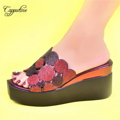 Gold Women Wedge High Heels Shoes Fashion Nigerian Ladies Summer Stones Slippers African Pumps Pantoufle Femme Pantuflas 2022-3