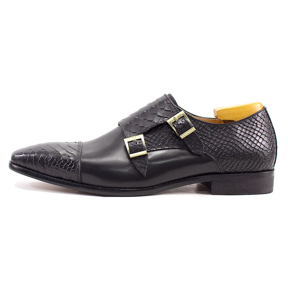 Luxury Double Buckle Monk Strap Men's Dress Shoes Genuine Leather Classic Crocodile Pattern Formal Business Office Footwear