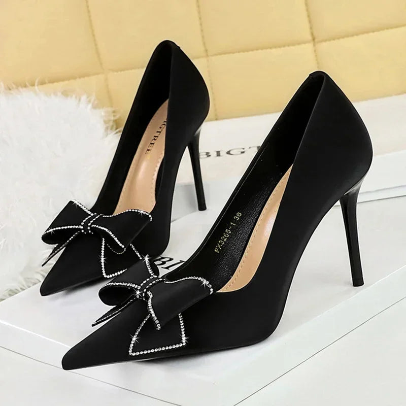 BIGTREE Fashion Korean Version 10cm High Heels Pumps Silk Shallow Pointed Toe Crystal Butterfly BowKnots Lady Red Purple Shoes