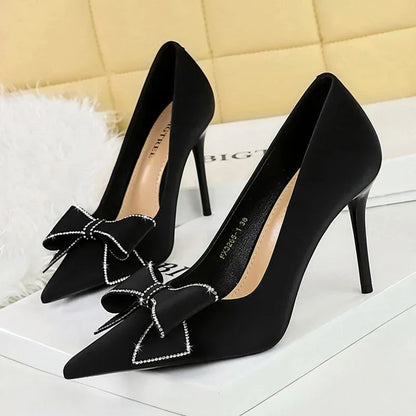 BIGTREE Fashion Korean Version 10cm High Heels Pumps Silk Shallow Pointed Toe Crystal Butterfly BowKnots Lady Red Purple Shoes