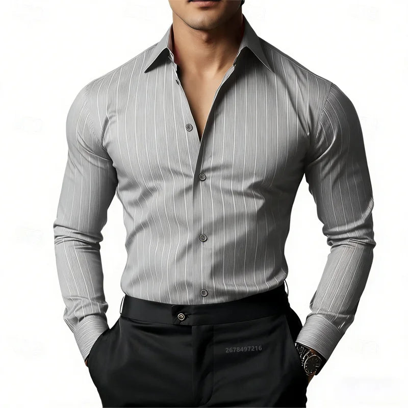 Men's Striped Long-Sleeved Shirt, Business Casual, Versatile, with Lapel Collar and Button Design, Available in 19 Colors.