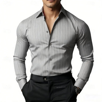Men's Striped Long-Sleeved Shirt, Business Casual, Versatile, with Lapel Collar and Button Design, Available in 19 Colors.