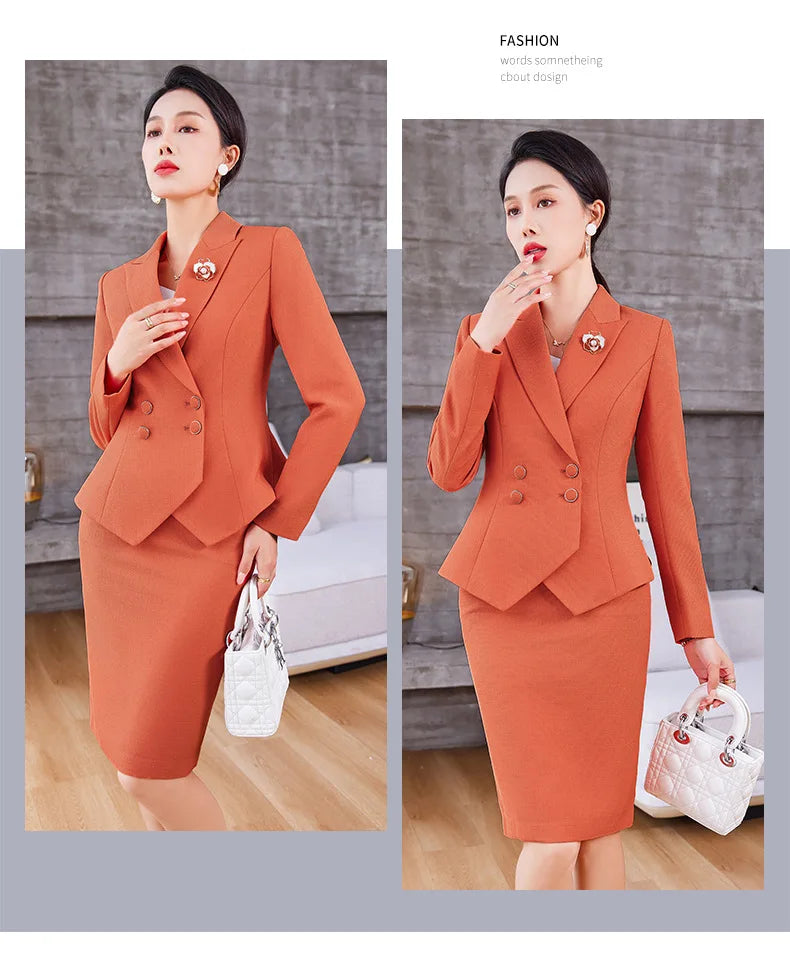 New Arrival Elegant Ladies Formal Skirt Suit Women Orange Blue Pink Long Sleeve Female Blazer Set for Business Work Wear