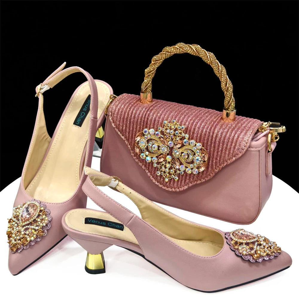 Venus Chan Italian Shoes and Bags Matching Set 2024 Nigeria Elegance Party Rhinestone Pointed Toe Women's Shoes High Heel