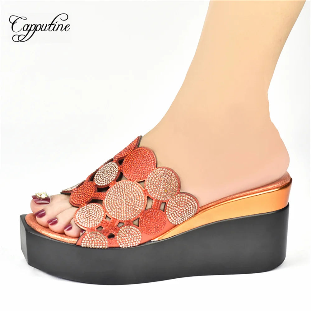 Gold Women Wedge High Heels Shoes Fashion Nigerian Ladies Summer Stones Slippers African Pumps Pantoufle Femme Pantuflas 2022-3
