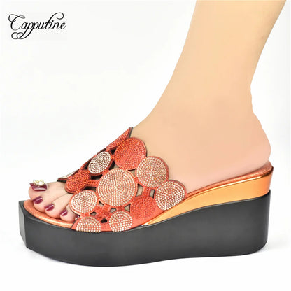 Gold Women Wedge High Heels Shoes Fashion Nigerian Ladies Summer Stones Slippers African Pumps Pantoufle Femme Pantuflas 2022-3