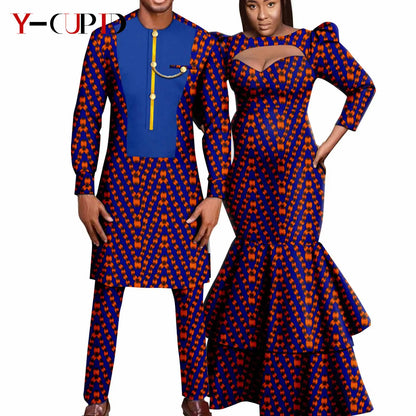 African Print Long Dresses for Women Matching Men Outfit Dashiki Top and Pant Sets Couples Clothes Kaftan Party Outwear Y23C054