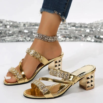 Summer Rhinestones Luxury Women's Sandals Block Medium Heel Female's Slippers with Open Toe Popular New Sexy Footwears