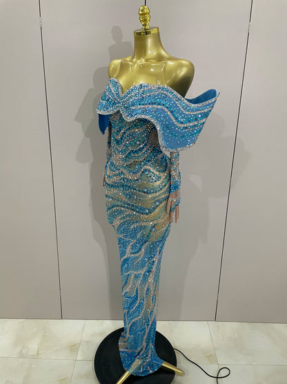 2025 Luxury Sparkly Rhinestones Blue Long Dress With Gloves Women Party Evening Birthday Dresses Celebrate Stage Catwalk Gowns