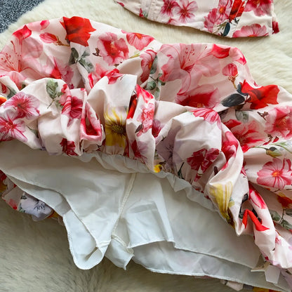 SINGREINY Summer Beach Floral Suits Strapless Sensual Bustier Tank Top+Mini Bud Skirt French Style Women Slim Hotsweet 2Pcs Sets