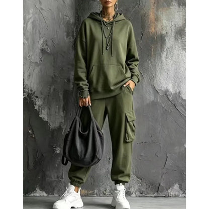 Autumn Winter New Casual Solid Color Hooded Sweatshirt Trousers Set 2026 Fashion Pocket Loose Sports Trousers Female 2 Piece Set
