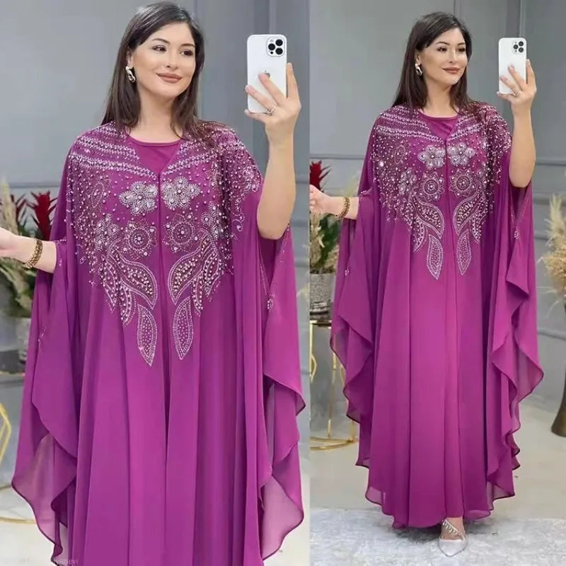 Muslim Dress for Women Loose Batwing Sleeved Beaded Long Abaya Dress Kaftan Abayas Islamic Robe Two Piece Set