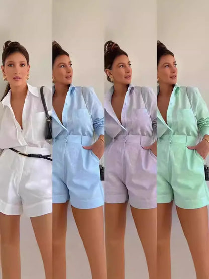 Women's Long Sleeve 2-Piece Set Casual Button Detail Shorts Outfit with Shirt Top Summer Fashion Female Suit