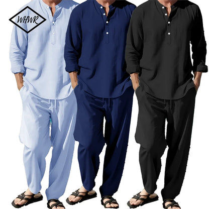 New Long Sleeve Henley Shirt Pants Suit Men Lightweight Breathable Streetwear Solid Color Business Button Polo Shirts Long Pants