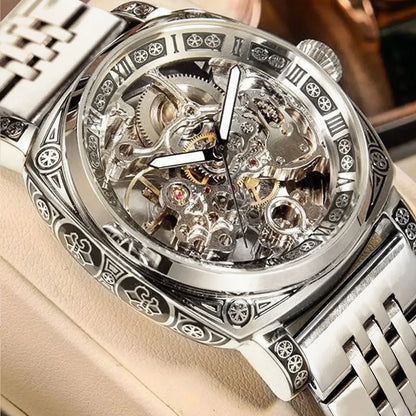 A MEN'S Black Zinc Alloy Business Style Luminous Carved Fully Automatic Tourbillon Hollow Mechanical Watch