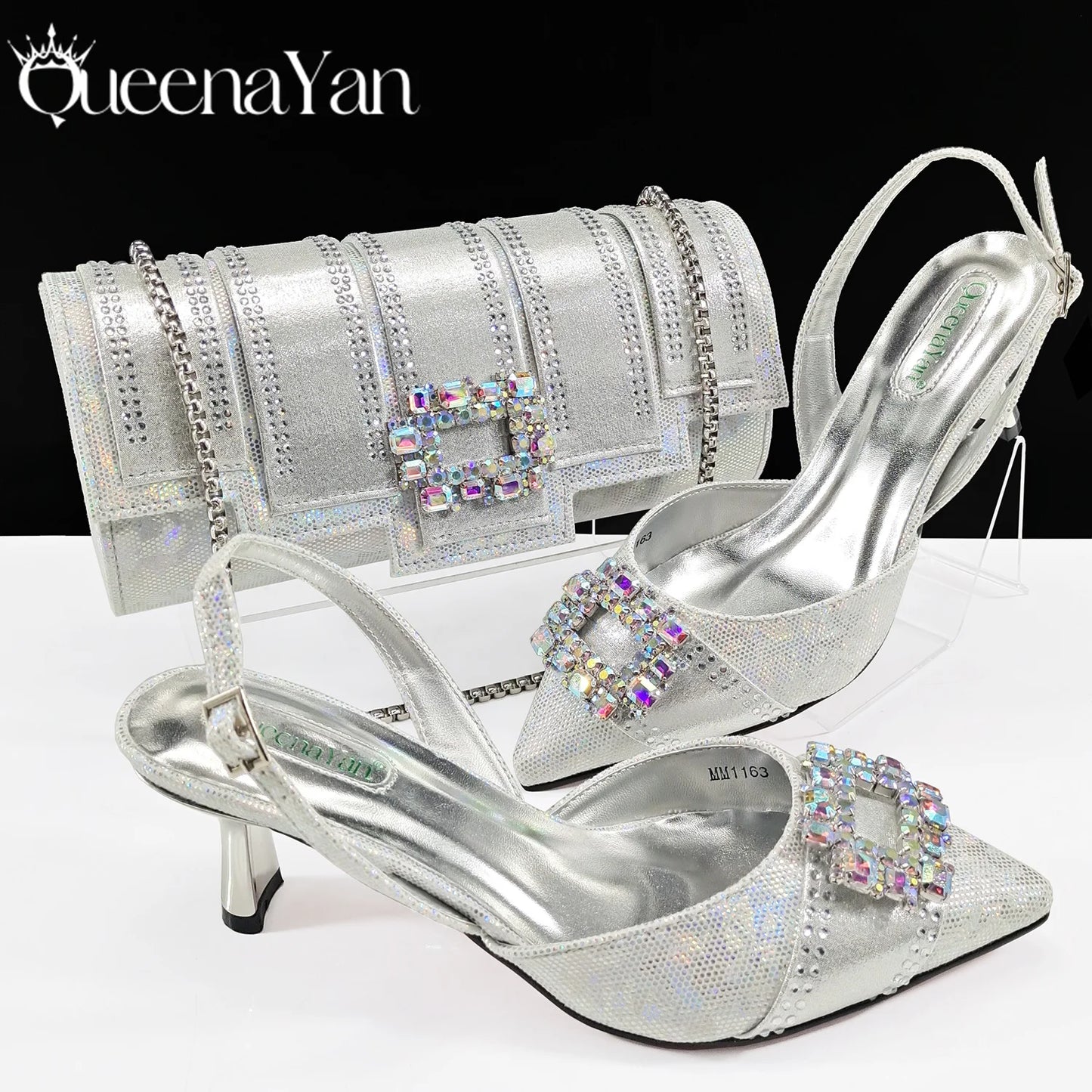 Queena Yan Nigeria Elegant Noble Party Wedding Shoes And Bag Pointed Toe Decorated With Rhinestone Women Heel Shoes