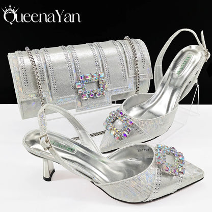 Queena Yan Nigeria Elegant Noble Party Wedding Shoes And Bag Pointed Toe Decorated With Rhinestone Women Heel Shoes