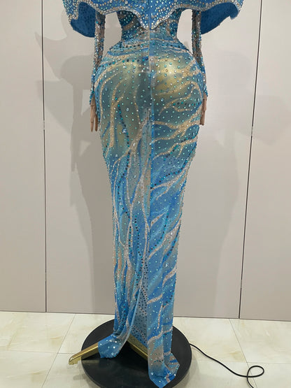 2025 Luxury Sparkly Rhinestones Blue Long Dress With Gloves Women Party Evening Birthday Dresses Celebrate Stage Catwalk Gowns