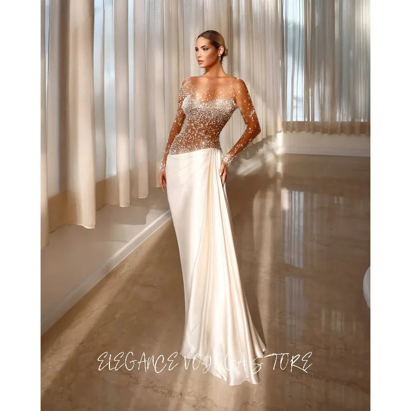 EVS Luxury White Flowing Satin Evening Dresses With See Through Top For Women Long Mermaid Prom Dress Wedding Party Gowns Custom
