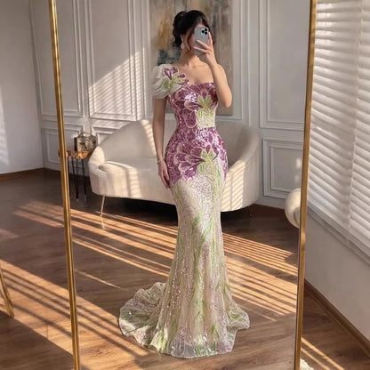 SERENE HILL 2026 Customized Purple Floral Mermaid With Shawl Evening Dress Strapless Women Formal Party Gown CLA73538A