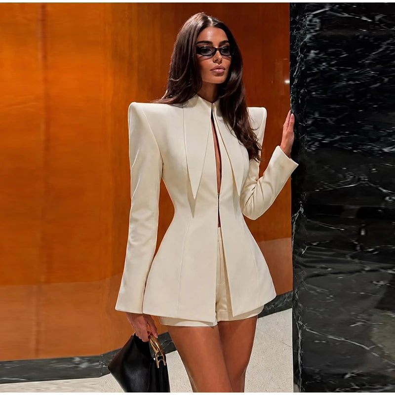 Elegant Blazer Women's Top Shorts Suit Long Sleeve Stand Collar Solid Top Short Pants 2026 Summer Autumn Chic Female Outfits