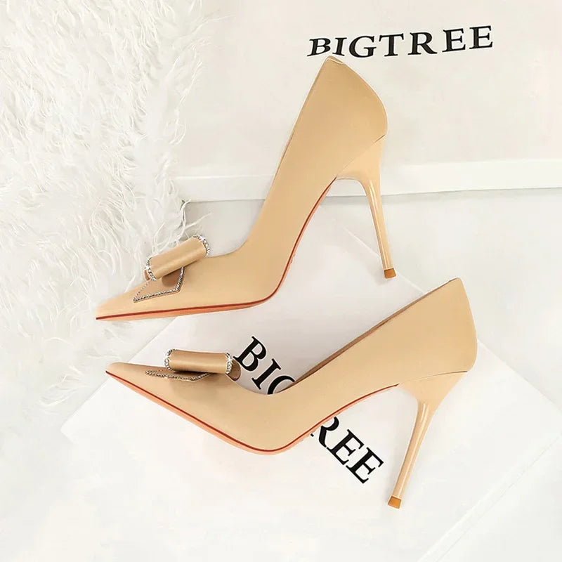 BIGTREE Fashion Korean Version 10cm High Heels Pumps Silk Shallow Pointed Toe Crystal Butterfly BowKnots Lady Red Purple Shoes