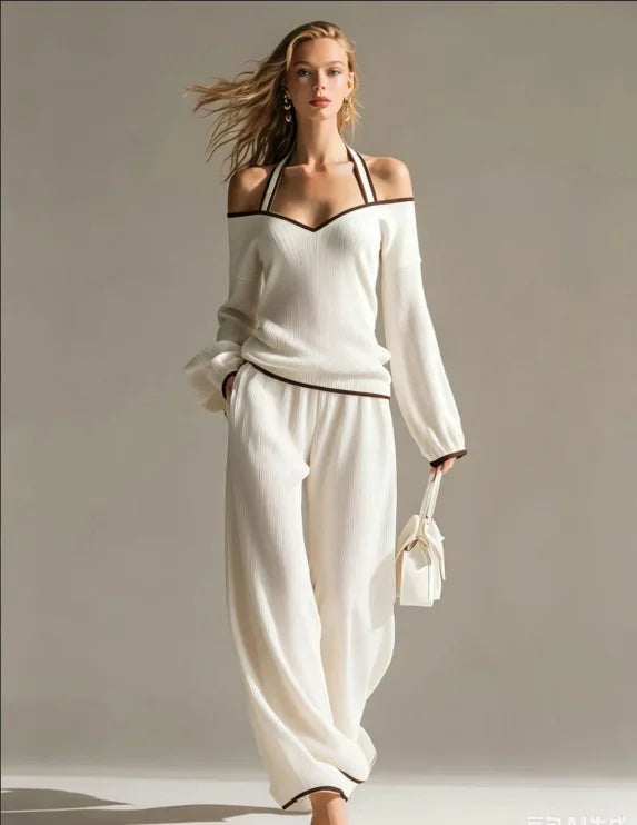 Women Sexy Off-shoulder Long-sleeved T-shirt Trousers 2piece Set Fashion Loose Elegant Color-blocked Pocket Trousers Female Suit