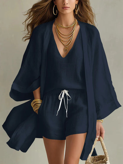 Cotton Linen Summer Women's Suit Elegant 3-piece Sets for Women Sexy V-neck Sleeveless Vest & Short Pant & Cardigan Home Clothes