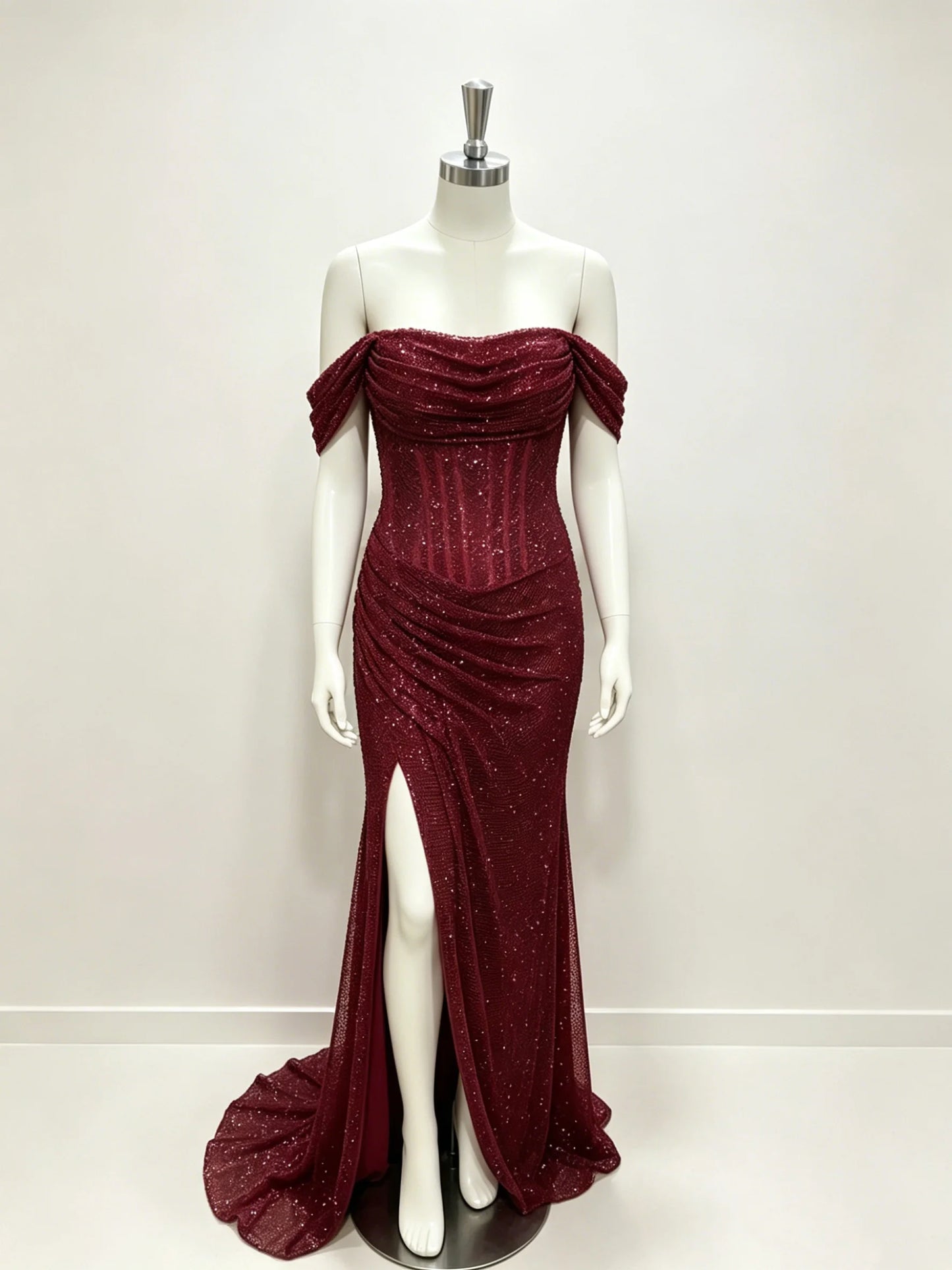 Burgundy Off Shoulder Prom Dresses with Glitter Fabric Ruched Mermaid Silhouette Customized Formal Evening vestidos de gala