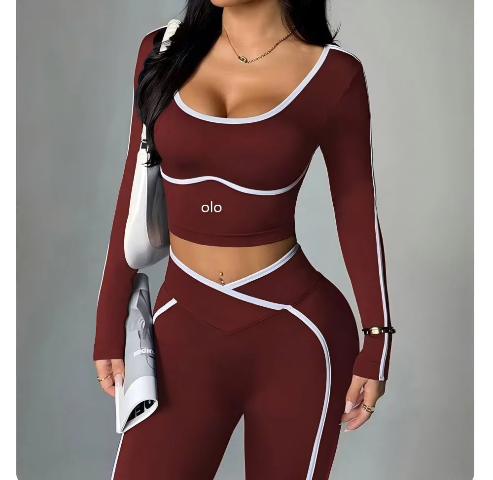 2026 Popular Color Blocking Yoga Set, Tight Yoga Long Sleeved Pants V Waist and Hip Lifting Tight Yoga Pants Luxury Set