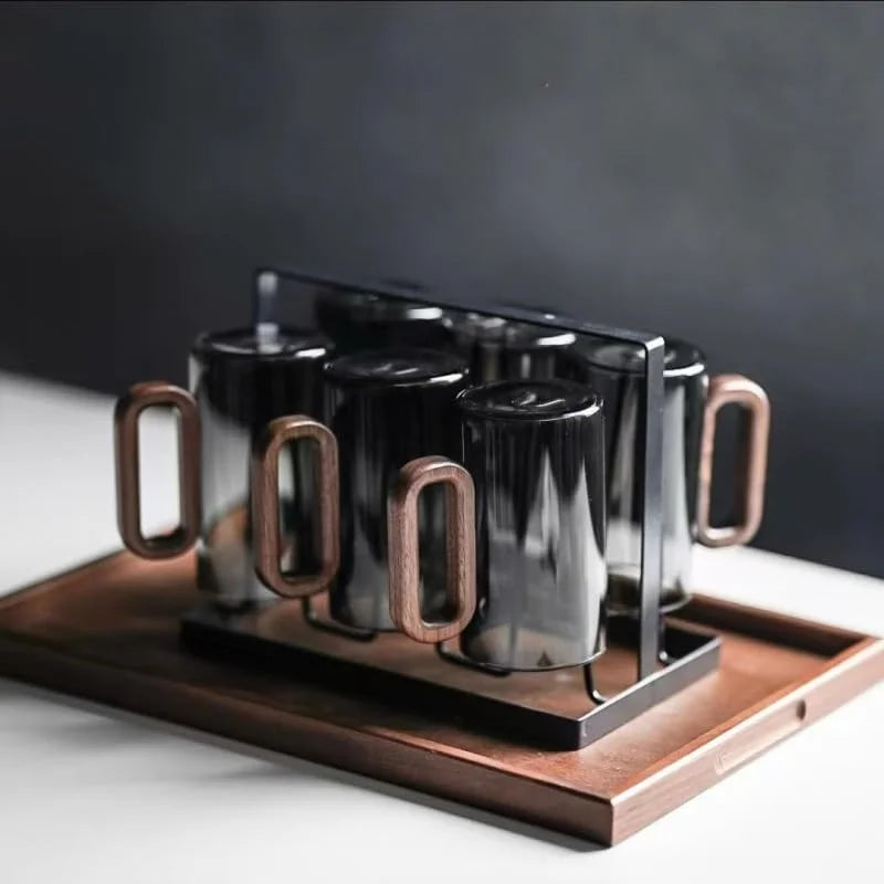 6pcs Borosilicate Glass Coffee Mug with Walnut Handle - 12oz Elegant Black Tumbler for Hot & Cold Drinks, Modern Office Tea Cup, Dishwasher Safe, 2.76" Diameter (360ml)
