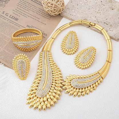 Trendy Colorful Jewelry Set for Women Zircon Collor Earrings and Necklace Large Gold Plated Bracelet Ring New Style Jewelry Gift