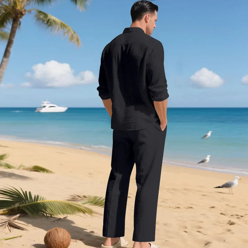 The 2026 Summer Men's linen short-sleeved shirt set is a two-piece long pants set suitable fordaily casual beach vacations 2Pcs