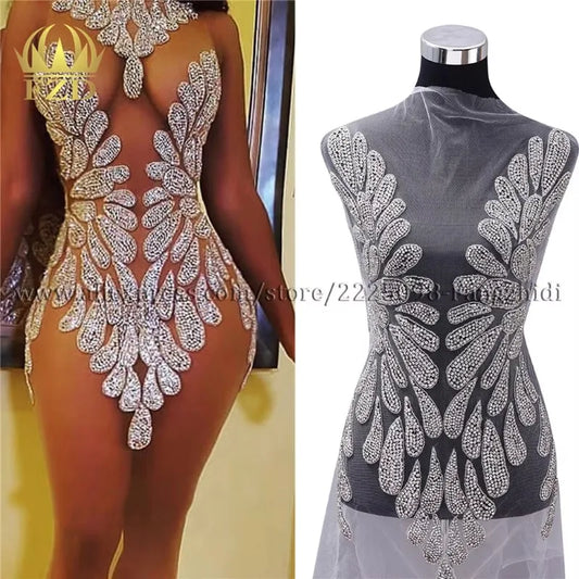 FZD 1 PC Silver Rhinestone Crystal Patches Handmade Gold Crystal Glass Rhinestone Bodice Applique Sew on Wedding Evening Dresses