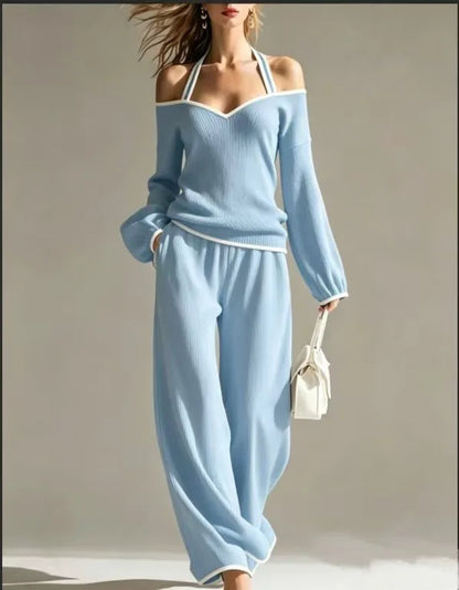 Women Sexy Off-shoulder Long-sleeved T-shirt Trousers 2piece Set Fashion Loose Elegant Color-blocked Pocket Trousers Female Suit