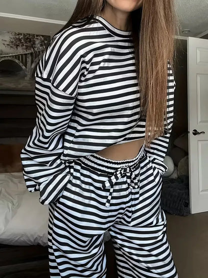 New Simple Striped Suit Simple  Loose Comfortable Lazy Style Long-sleeved Round Neck Pullover Top Lace-up Trousers Two-piece Set