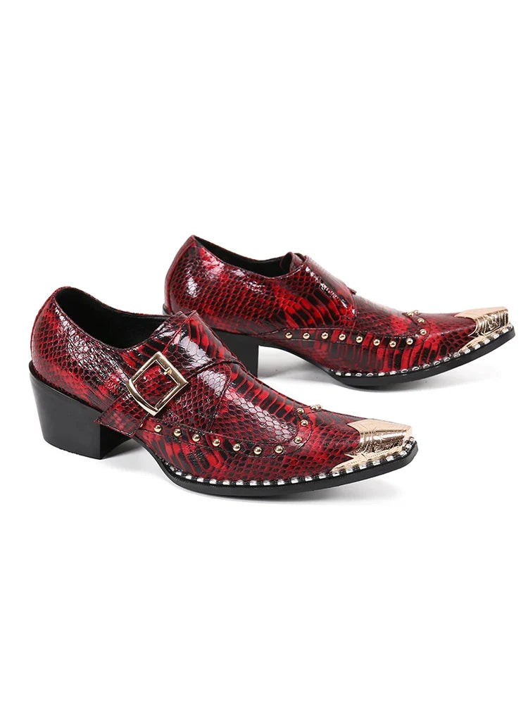 steel toe high heels Snake pattern red black wedding oxford for men rivets formal shoes men genuine leather party shoes men
