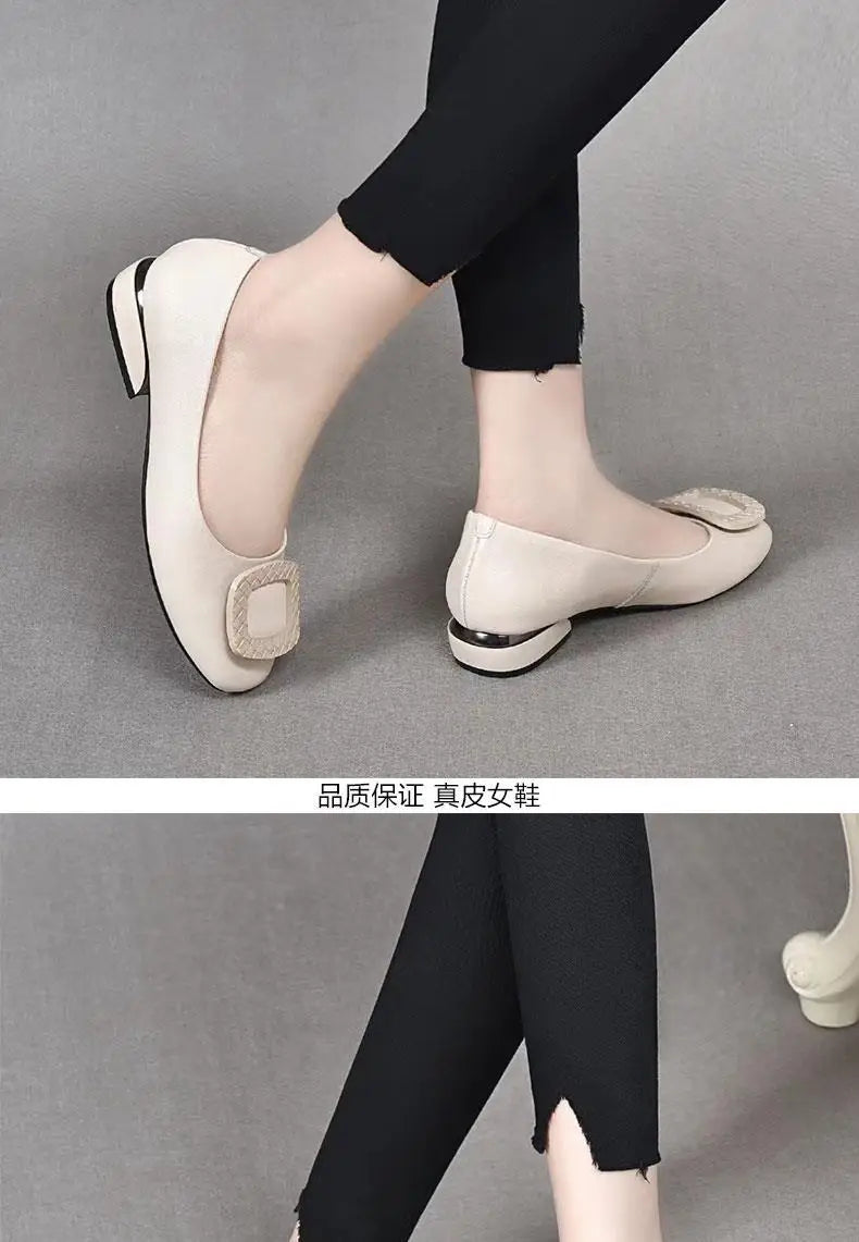 Soft Pu Leather Women's Low Heel Shoes Shallow Mouth All-match Comfortable Pumps Thick Heels Ladies Work Small Leather Shoes