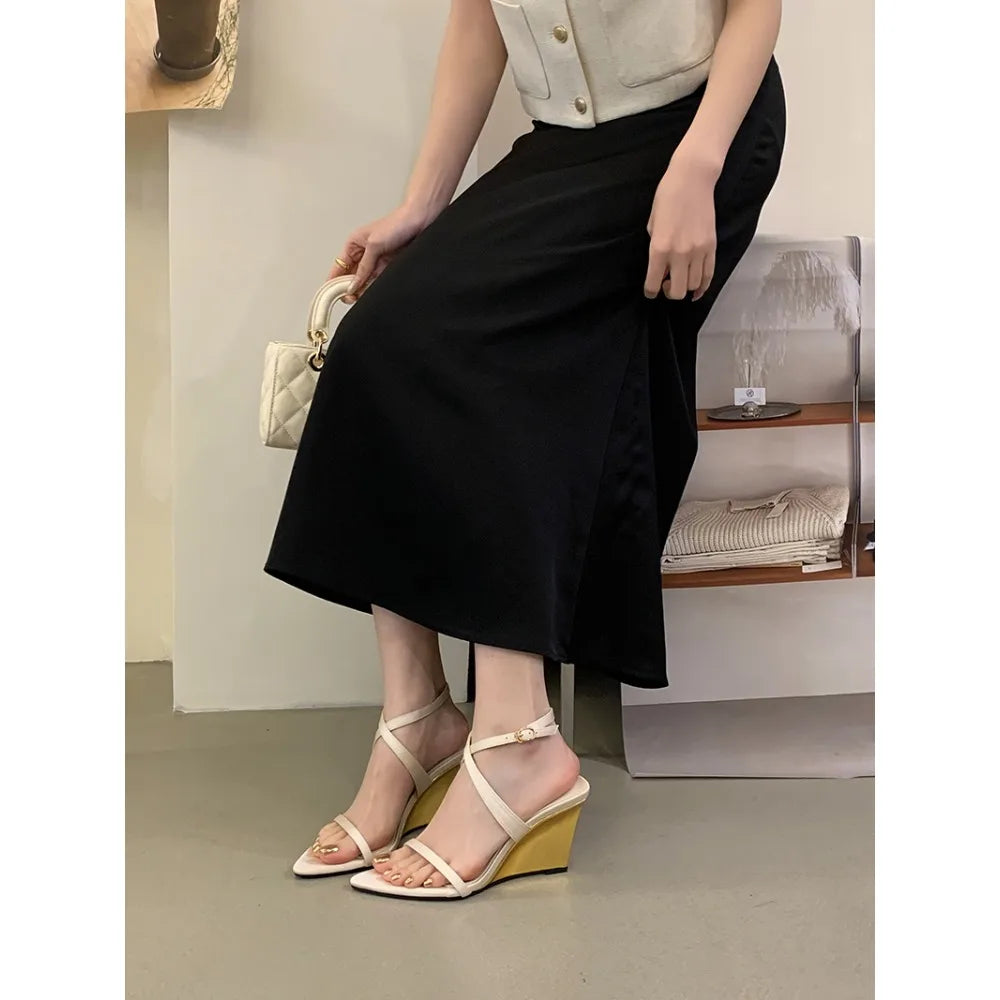 Street Style Design Wedges Heels Women Sandals Buckle Strap Pointed Toe Banquet Shoes Summer Ladies Pumps