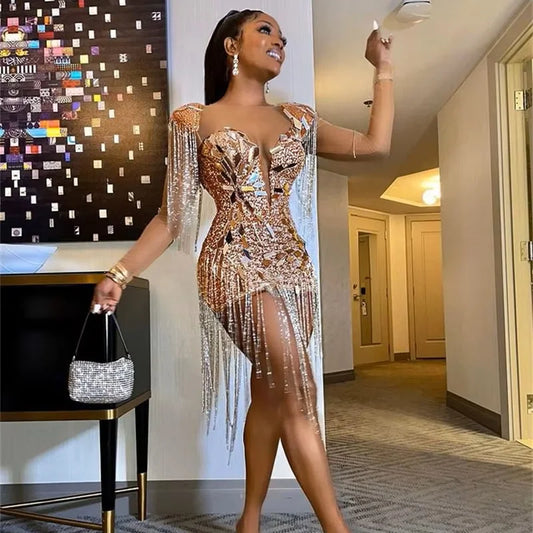 Short Golden Prom Dresses Luxury Black Girls Beaded Crystal with Tassel Birthday Cocktail Party Gowns Homecoming Customized