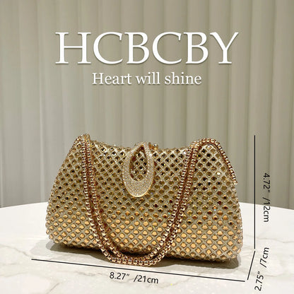 Gold sparkling luxury full diamond box dinner bag, women's fashion temperament high-end handbag clutch