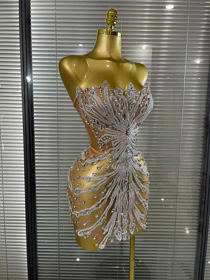 Shining Sequins Women Sexy Strapless Mesh See Through Bodycon Mini Dress Nightclub Party Celebrate Birthday Stage Wear