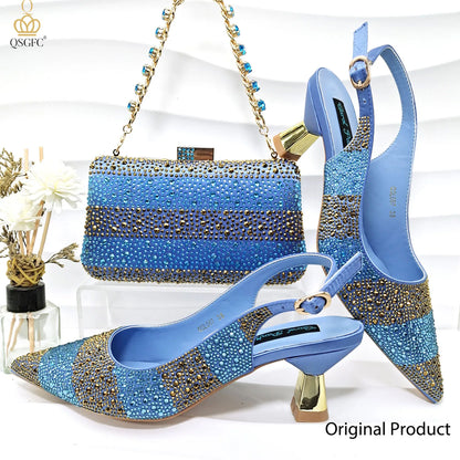 2026 Nigerian Women Heel Ladies Italian Luxury Design Green Shoes And Bag Set Decorated with Rhinestone Handbag Wedding Party